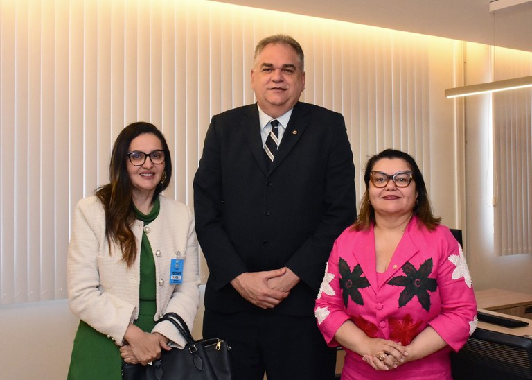 Promotora Anne, desembargador Fred e procuradora Janaina durante encontro, no TJPB, posando para foto