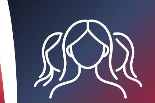 Imagem em tons de azul e escuro e vermelho em degradê e o desenho de três mulheres em traço simples