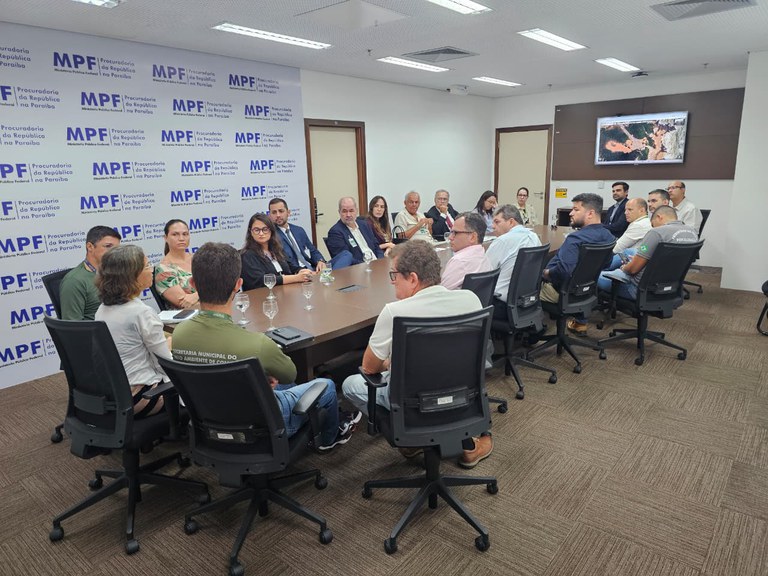 A imagem mostra uma reunião em andamento dentro de uma sala de conferências. Aproximadamente dezesseis pessoas estão sentadas em torno de uma grande mesa retangular, participando de uma discussão.