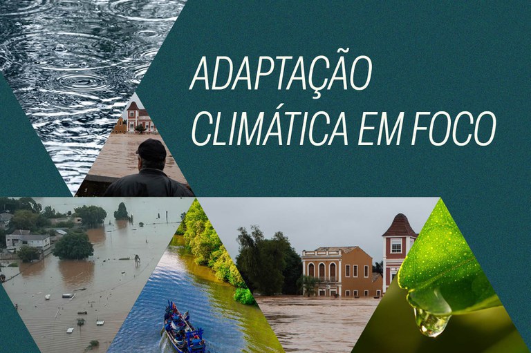 Arte em mosaico na cor azul, com imagens de chuvas, plantas, folhas e o texto adaptação climática em foco na cor branca do lado direito