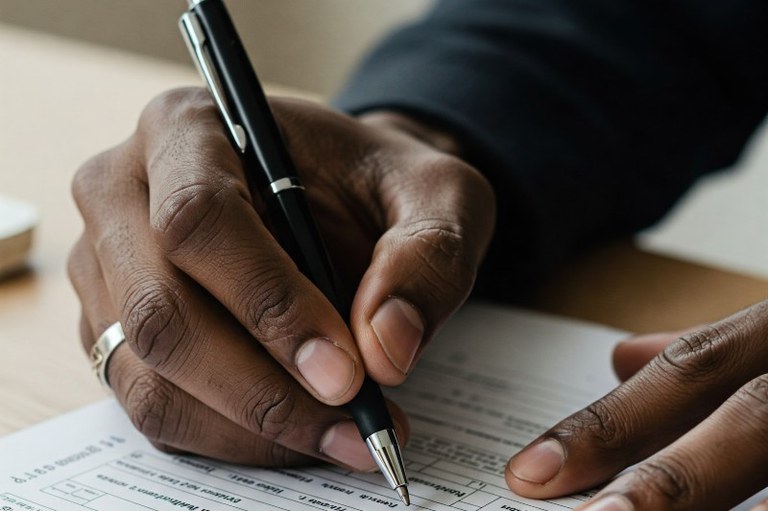 Imagem em detalhe de uma pessoa preenchendo o cartão de respostas