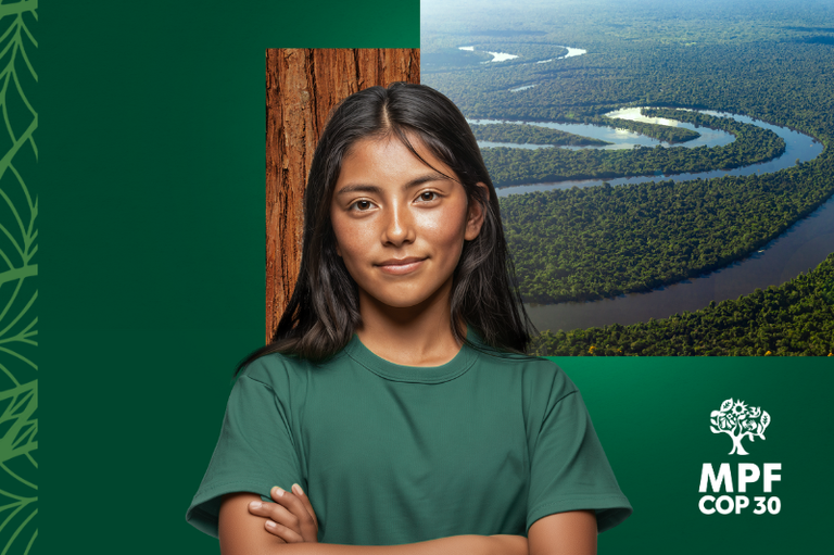 Foto mostra uma garota indígena de braços cruzados. Na lateral a imagem de um rio amazônico. Embaixo um símbolo do MPF na COP30, uma árvore ilustrada na cor branca
