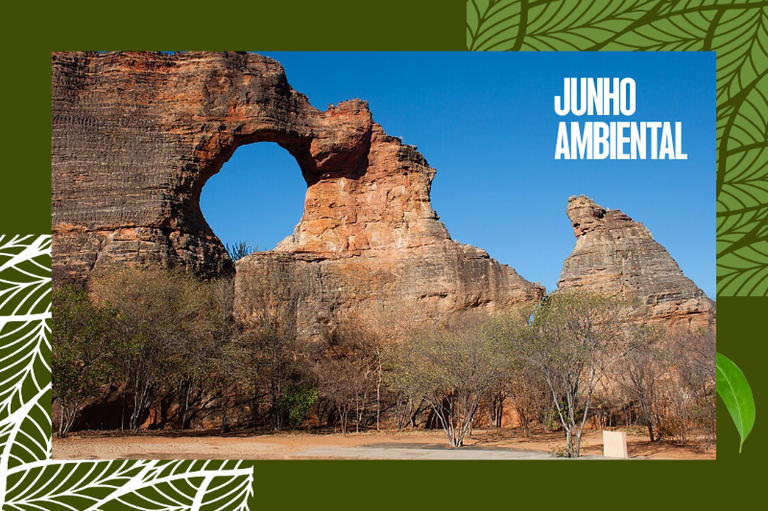 Vista panorâmica do Parque Nacional da Serra da Capivara, exibindo imensos paredões de rocha arenítica avermelhada e formações lineares cobertas por vegetação de caatinga sob um céu azul.