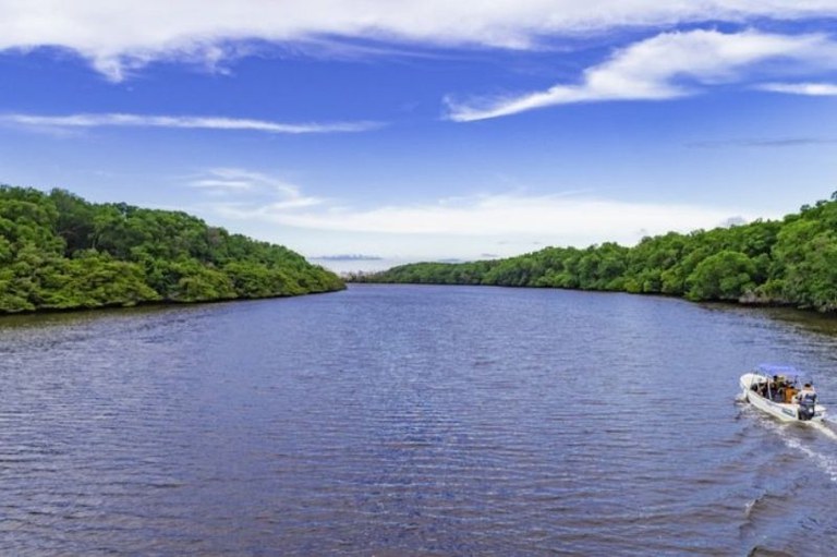 foto mostra leito do Rio Parnaíba com uma embarcação passando e uma floresta em cada margem