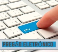 Imagem de um teclado de computador, onde está escrito pay, com destaque em negrito para Pregão Eletrônico.