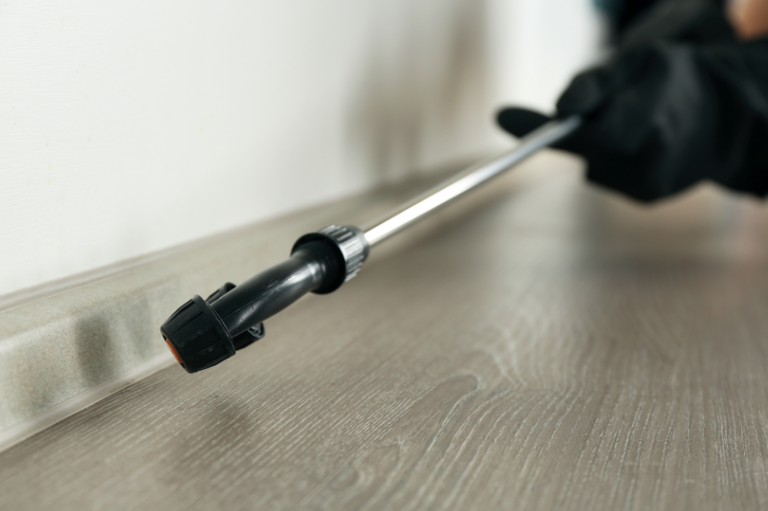 Imagem tem uma mão, com uma luva preta, segurando um aparelho de dedetização.