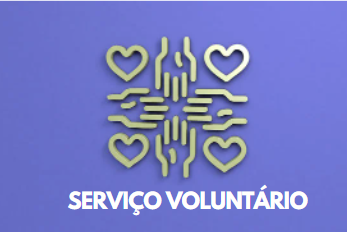 Ícone de mãos unidas com corações, simbolizando solidariedade e serviço voluntário, sobre fundo azul com o texto "SERVIÇO VOLUNTÁRIO"