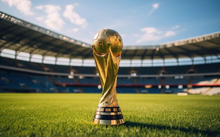 A imagem destaca o icônico Troféu da Copa do Mundo da FIFA centralizado em um gramado verde perfeito. Ao fundo, a estrutura monumental e as arquibancadas de um grande estádio de futebol completam o cenário sob um céu claro.