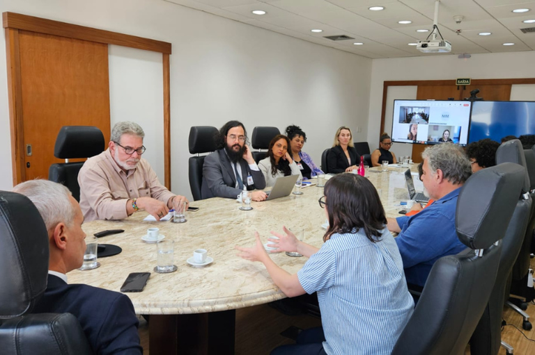 Foto mostra cerca de uma dezena de homens e mulheres sentados em torno de uma mesa, em sala de reunião