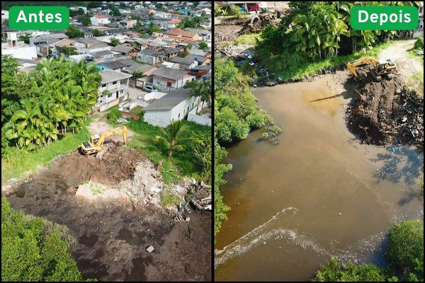 #PraTodosVerem: imagem dividida verticalmente em duas partes, com visões aéreas da transformação do rio Itiberê. Lado esquerdo (antes): mostra uma área com terra preta e resíduos; uma escavadeira amarela está posicionada no centro, sobre um monte de terra; ao fundo, casas simples e vegetação rasteira. Lado direito (depois): mostra o rio Itiberê fluindo e ocupando a mesma área após a retirada dos resíduos