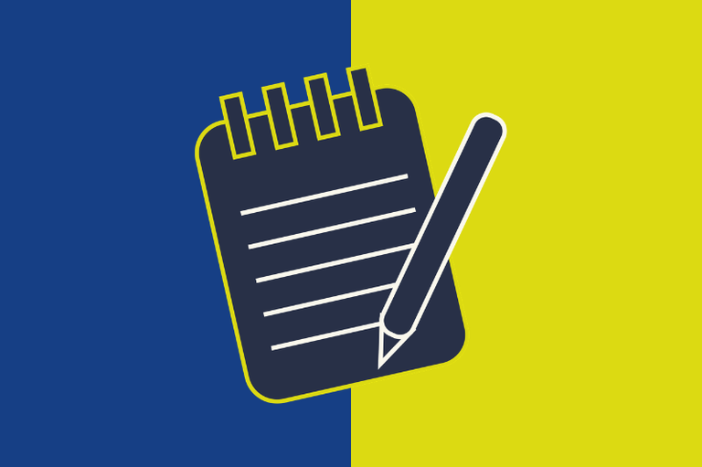 ilustração em fundo dividido verticalmente entre azul e amarelo. No centro, há um bloco de anotações estilizado em azul-escuro, com linhas brancas representando texto e contorno amarelo. Sobre o bloco, aparece uma caneta azul-escura inclinada. O desenho remete a registro, atendimento ou anotações institucionais.