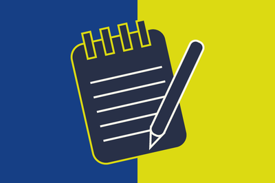 Arte em azul e amarelo com bloco de anotações e caneta em primeiro plano