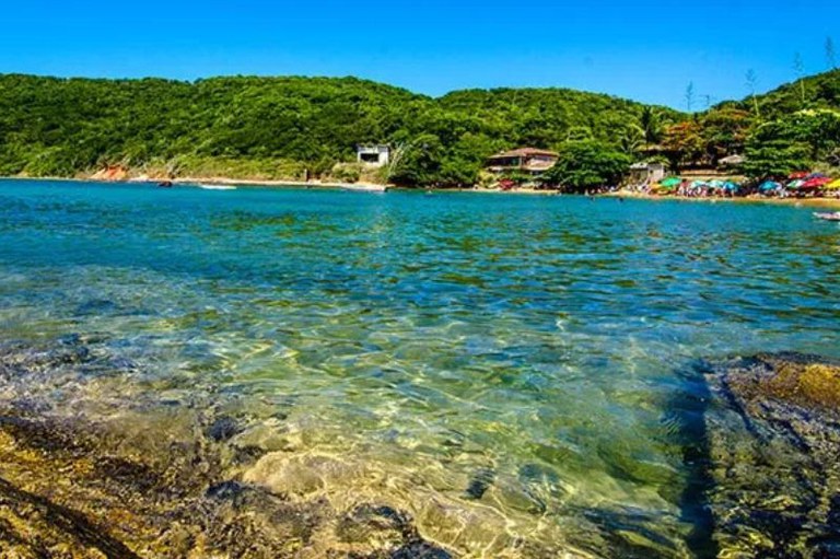Foto mostra água do mar transparente e ao fundo uma montanha com vegetação