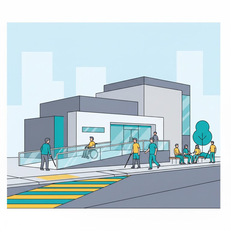 Ilustração em estilo gráfico (vetorial) de um cenário urbano que representa a acessibilidade plena e a inclusão social. A imagem mostra um prédio moderno com uma rampa de acesso suave e visível. Na frente, há uma faixa de pedestres acessível com piso tátil de alerta na cor amarela, e marcações turquesa e amarela. Várias pessoas com diferentes necessidades de mobilidade estão interagindo: um homem em cadeira de rodas usa a rampa; duas pessoas com deficiência visual usam bengalas longas para caminhar na calçada; e um grupo está sentado em um banco fora do prédio, conversando, incluindo pessoas com e sem deficiência. A ilustração destaca a integração na vida pública. Texto gerado por IA