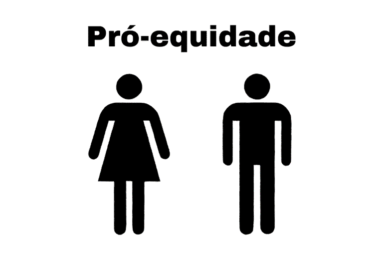 Arte em preto branco mostra o ícone de uma mulher e de um homem. Na parte de cima está escrito pró-equidade