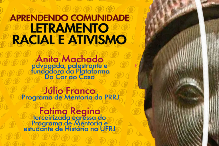 A imagem é um card de divulgação com fundo amarelo estampado por pequenos símbolos circulares. À direita, aparece parte de uma escultura de cabeça de bronze, de feições africanas, cortada verticalmente pela metade.