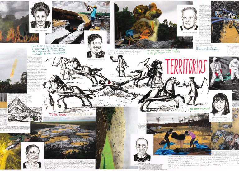 A imagem é uma colagem artística intitulada “TERRITÓRIOS”, que mescla fotografias, desenhos, retratos e trechos manuscritos ou datilografados em várias línguas, com forte carga política e social. No centro da composição está a palavra “TERRITÓRIOS” escrita em letras vermelhas, acompanhada de uma ilustração em preto e branco de uma cena histórica violenta: um homem sendo esquartejado por cavalos puxados por soldados — uma referência à execução de Túpac Amaru II, líder indígena que lutou contra o domínio colonial espanhol no Peru.