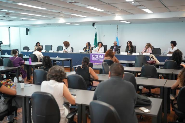 Vista de um auditório durante audiência na ALERJ, com autoridades sentadas à mesa ao fundo sob um banner roxo da CDDM, e público em primeiro plano.