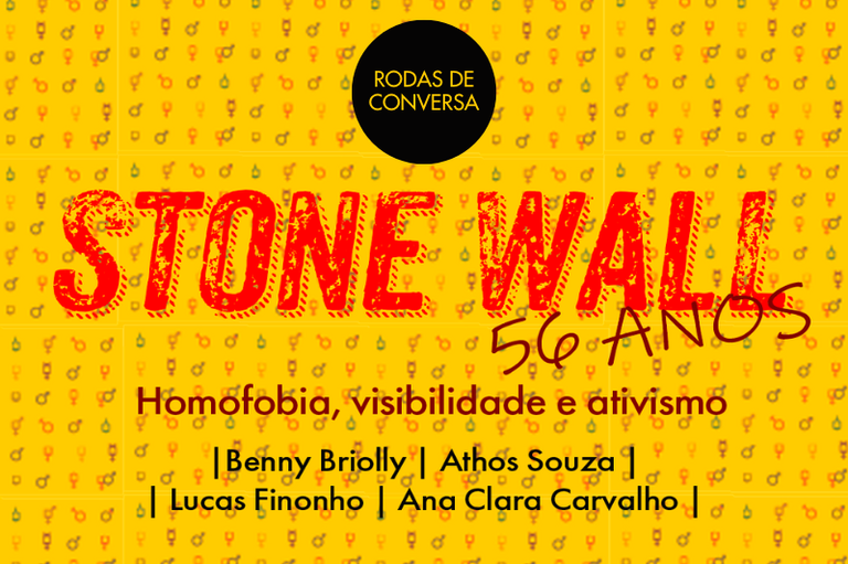 Banner de divulgação da roda de conversa. O fundo é amarelo, com ícones que representam diversidade de gênero. Em primeiro plano estão informações sobre o evento.