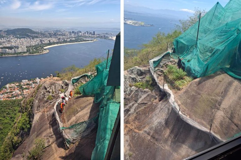 Imagem dividida em duas partes mostrando obras na encosta rochosa do Pão de Açúcar. A área possui estruturas com redes de proteção verdes instaladas sobre a rocha e trabalhadores no paredão, com a orla e a baía do Rio de Janeiro ao fundo.