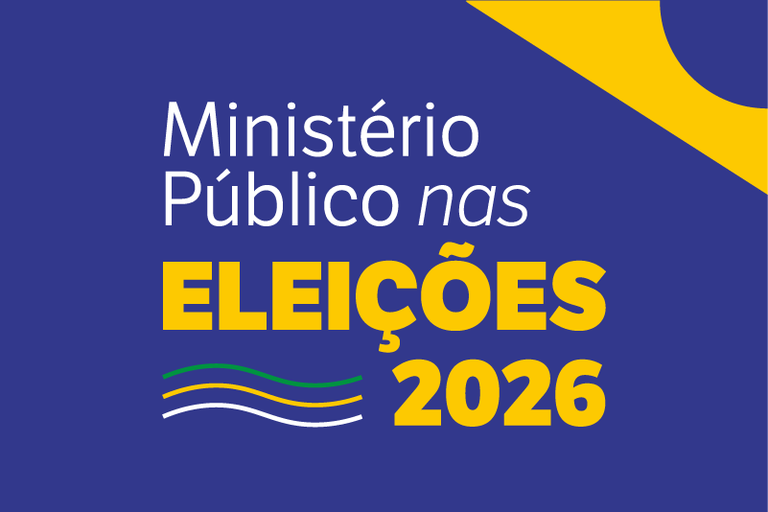 rte gráfica em fundo azul escuro. No centro, em letras grandes, aparece o texto “Ministério Público nas ELEIÇÕES 2026”. As palavras “Ministério Público” estão em branco, a palavra “nas” está em itálico branco, e “ELEIÇÕES 2026” está em amarelo, com destaque maior. Abaixo do texto, há três linhas onduladas horizontais nas cores verde, amarela e branca. No canto superior direito, há elementos geométricos amarelos e azuis que decoram a imagem. O visual é institucional, moderno e limpo, com forte contraste entre azul, amarelo e branco.