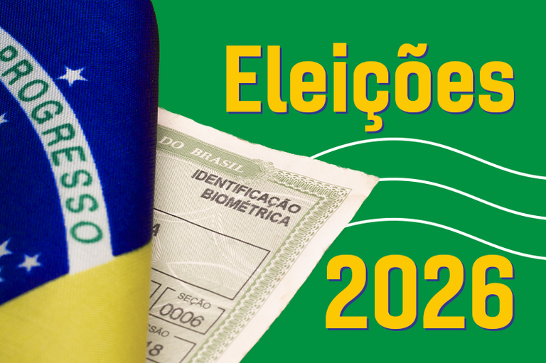 Um gráfico de 'Eleições 2026' no Brasil com fundo verde e elementos amarelos. Inclui parte da bandeira brasileira, um título de eleitor com a inscrição 'IDENTIFICAÇÃO BIOMÉTRICA', e o texto 'Eleições 2026' em destaque.