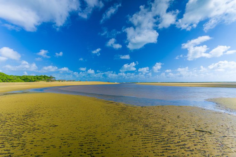 Uma paisagem de praia com maré baixa revelando uma grande extensão de areia dourada e molhada com ondulações visíveis. Uma piscina natural ou riacho superficial de água se estende pelo centro. A linha do horizonte, no fundo, mostra uma estreita faixa de vegetação verde sob um vasto céu azul claro com nuvens brancas esparsas.