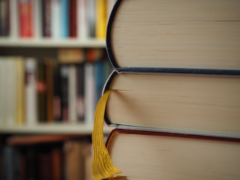 Foto da lateral da lombada de três livros, tendo uma estante com mais livros ao fundo