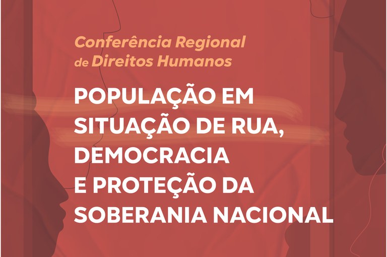 Imagem com fundo vermelho escuro e grafismos de rostos, com o título da audiência pública em branco e bege.
