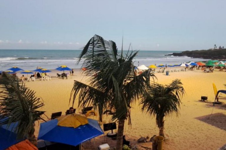 foto mostra o trecho de uma praia com barracas, coqueiros e o mar