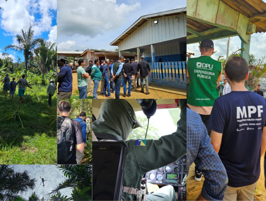 Montagem com diferentes imagens de atividade em área rural e de floresta. As fotos mostram equipes caminhando em vegetação, reunião em comunidade, deslocamento em embarcação e helicóptero, além de participantes usando coletes e camisetas institucionais.