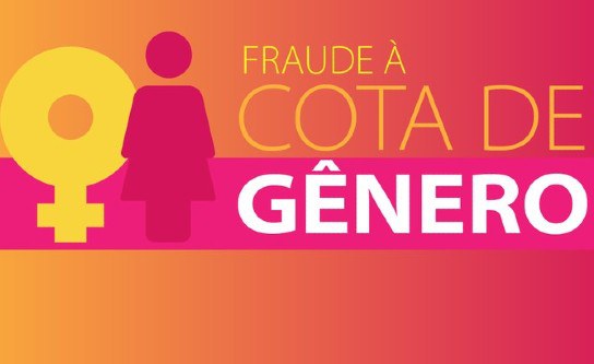 Apresenta o título "FRAUDE À COTA DE GÊNERO" em destaque. As palavras "FRAUDE À" e "COTA DE" aparecem em amarelo, enquanto "GÊNERO" está em letras brancas e garrafais sobre uma faixa rosa. À esquerda, há dois ícones estilizados: o símbolo do feminino (Vênus) em amarelo e a silhueta de uma mulher em rosa escuro. Utiliza um gradiente que varia do laranja (no topo) ao rosa vibrante (no centro e na base).