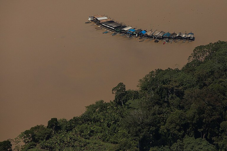 Fotografia aérea de dezenas de balsas de garimpo ilegal flutuando e agrupadas sobre as águas barrentas do Rio Madeira. As embarcações possuem estruturas simples com telhados de palha ou lona. Ao fundo, uma densa floresta amazônica margeia o rio sob um céu nublado, evidenciando o contraste entre a natureza preservada e a atividade extrativista.