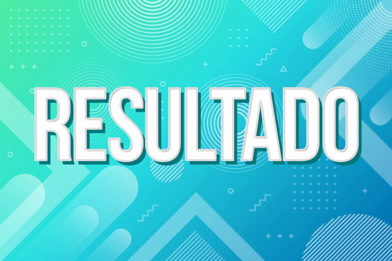 Arte retangular com desenhos geométricos como círculos, espirais, cones e quadrados em um fundo azul ciano. Em branco com bordas acinzentadas está escrito Resultado
