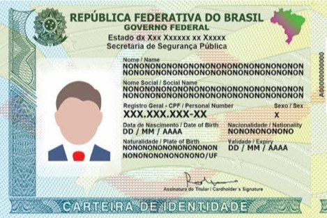 Uma imagem de modelo da nova Carteira de Identidade Nacional (CIN) do Brasil, com fundo texturizado em tons de verde, amarelo e azul. Na parte superior, destacam-se o Brasão da República à esquerda, o mapa do Brasil estilizado à direita e os textos "REPÚBLICA FEDERATIVA DO BRASIL", "GOVERNO FEDERAL" e "CARTEIRA DE IDENTIDADE" em letras maiúsculas. Do lado esquerdo, há a ilustração de uma silhueta masculina genérica (avatar) vestindo terno e gravata, representando o local da foto. O restante do documento é preenchido por campos de identificação com dados fictícios e repetitivos (como "NONONONONO" e "XXX.XXX.XXX-XX") para simular o posicionamento do nome, CPF, data de nascimento, nacionalidade, assinatura do titular e outros dados pessoais.