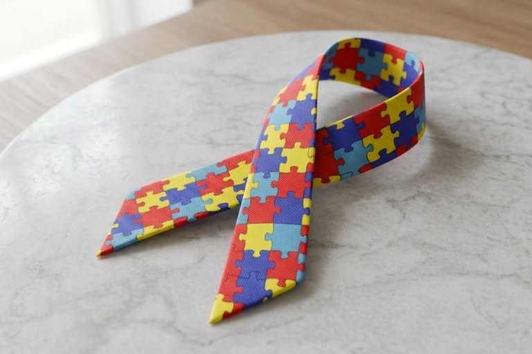 Uma fita de conscientização do autismo dobrada em laço está apoiada sobre uma superfície lisa de mármore claro. A fita de tecido é estampada com peças de quebra-cabeça encaixadas nas cores azul, vermelho, amarelo e azul-claro. O laço está ligeiramente inclinado para a direita, com uma das pontas estendida para a esquerda e a outra voltada para baixo na parte central da imagem. A iluminação é suave e uniforme, destacando a textura do tecido e o padrão colorido do símbolo.