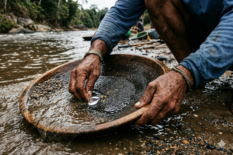 Fotografia em plano fechado das mãos sujas de terra de uma pessoa agachada à beira de um rio, segurando uma bateia de madeira rústica e circular parcialmente submersa na água. A pessoa veste uma blusa azul de mangas compridas e usa pulseiras de cordão nos pulsos. Dentro da bateia, há água, pequenos pedriscos, sedimentos escuros e pequenas pepitas brilhantes de ouro, enquanto a mão esquerda manipula um pequeno objeto metálico prateado no centro do recipiente. Ao fundo, aparecem a margem pedregosa do rio e a vegetação densa de uma floresta sob luz natural.
