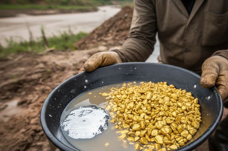 Imagem mostra uma bateia de garimpo com o pedras de ouro e mercúrio
