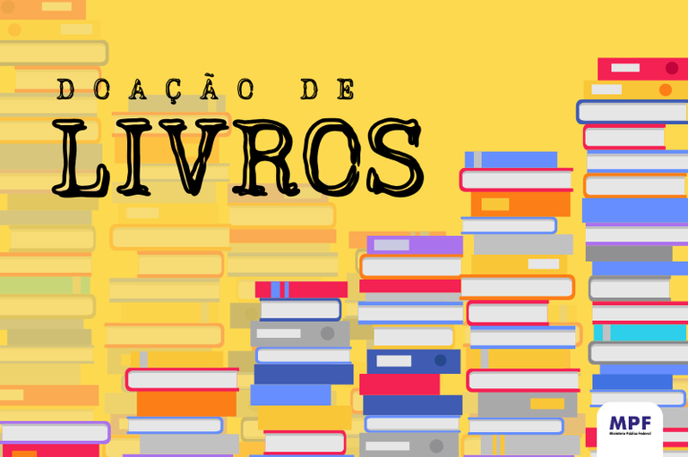 Ilustração com livros empilhados coloridos, fundo amarelo e título em fonte preta de datilografia "Doação de Livros".