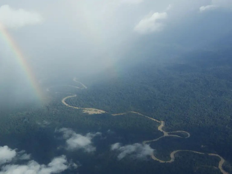 A imagem mostra uma vista aérea da Terra Indígena Yanomami, destacando o curso sinuoso de um rio que corta a densa vegetação. Ao fundo, um arco-íris atravessa o céu, criando um contraste suave com a imensidão verde do território.