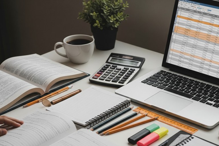 Foto mostra uma pessoa em uma mesa, trabalhando com papeis. Na mesa também há um notebook com planilhas abertas