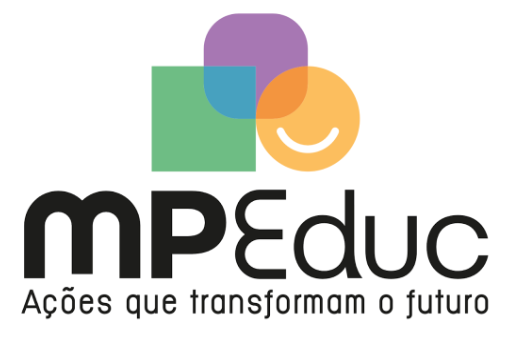 Logomarca do MPEduc, com elementos gráficos coloridos acima e, abaixo, os dizeres ações que transformam o futuro, sobre um fundo bege