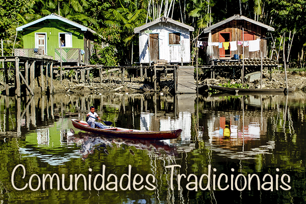 Arte mostra vegetação, casas por cima de um rio e um barco com um pescador; na parte inferior a expressão comunidades tradicionais
