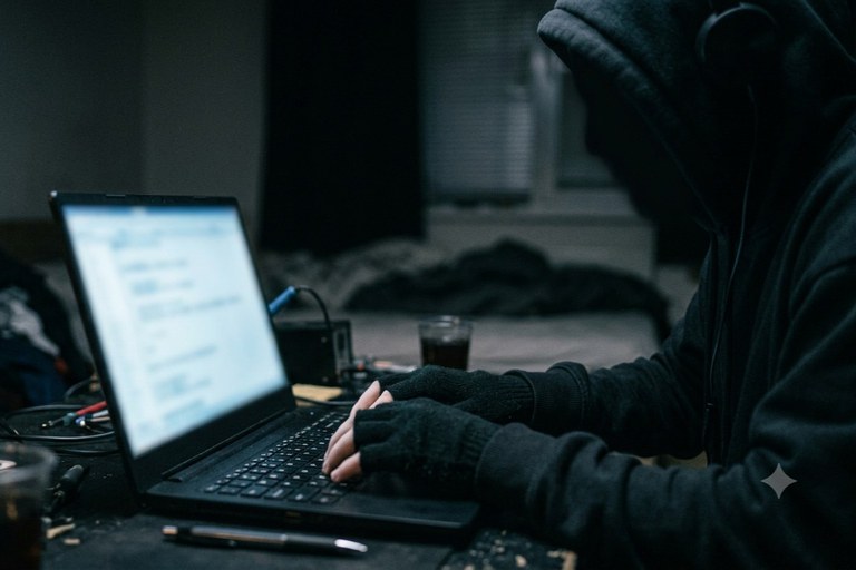 A imagem mostra uma pessoa de costas, usando um casaco com capuz preto e luvas sem dedos, sentada em frente a um laptop. O rosto da pessoa está oculto pelo capuz e pelas sombras. O laptop está aberto e a tela está em branco. A pessoa está segurando o mouse com a mão direita e digitando no teclado com a mão esquerda. O ambiente é escuro e a única fonte de luz é a tela do laptop. Há um copo de líquido na mesa ao lado do laptop. O fundo é desfocado.