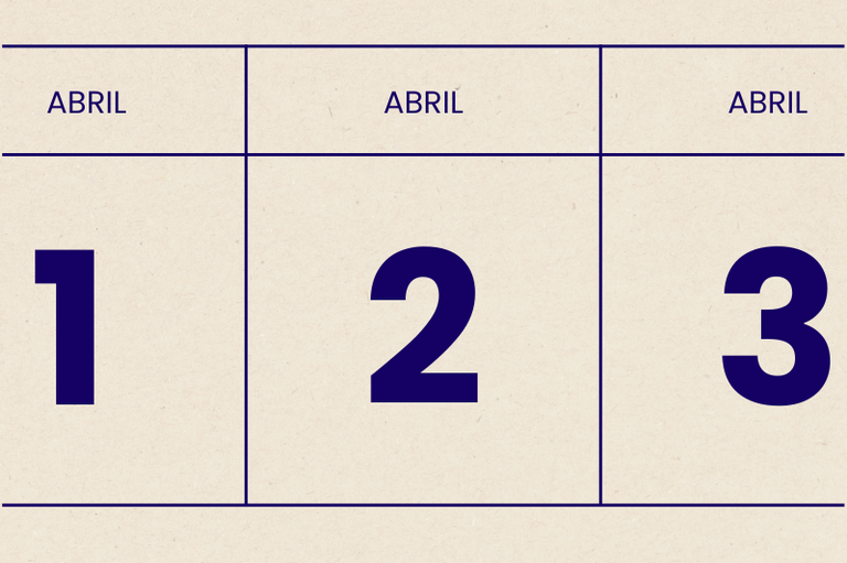 Calendário estilizado com fundo bege e linhas azul-escuras, exibindo três colunas com o mês "ABRIL" no cabeçalho e os números 1, 2 e 3 em destaque, em tipografia bold na cor azul-marinho.