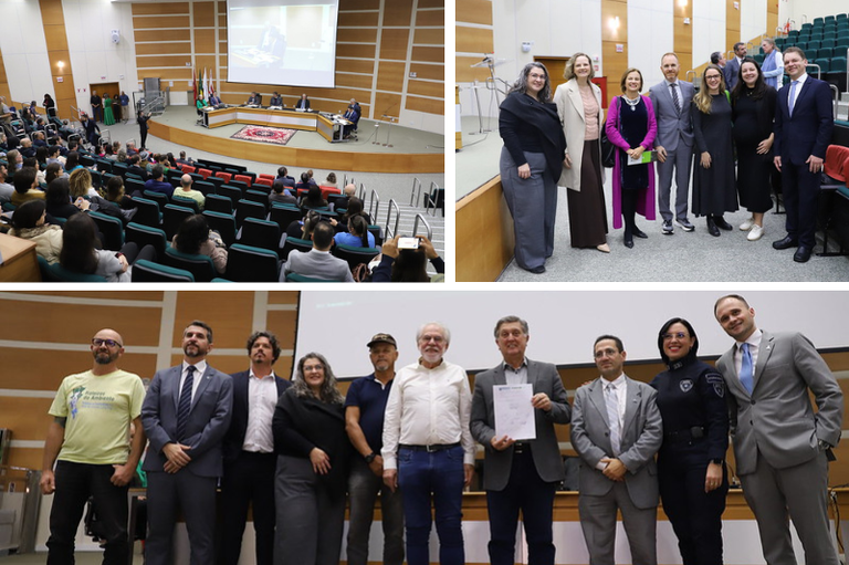 Montagem com três fotos que mostram homens e mulheres em solenidade em um auditório