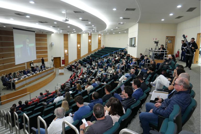 Vista panorâmica do alto de um auditório lotado durante uma audiência pública. O público ocupa poltronas verdes dispostas em semicírculo, enquanto uma mesa diretiva com várias autoridades está posicionada à esquerda, à frente de um telão que exibe uma videochamada.