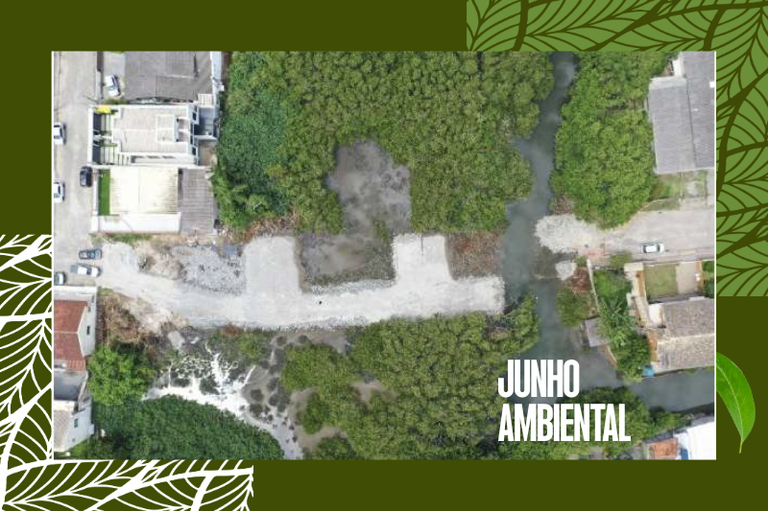 Vista aérea de um aterro de pedras cortando uma área de manguezal e interrompendo um curso d'água ao lado de uma área urbana, inserida em uma moldura verde com o texto "JUNHO AMBIENTAL".