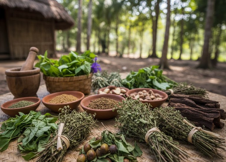 A imagem mostra uma variedade de ervas e plantas medicinais dispostas sobre uma esteira de palha rústica. Em primeiro plano, há vários maços de ervas secas amarradas com barbante, e algumas folhas verdes frescas estão espalhadas. Tigelas de cerâmica contêm diferentes pós e sementes. Ao fundo, um pilão de madeira e uma cabana de palha podem ser vistos, com árvores e vegetação exuberante, sugerindo um ambiente natural e tradicional, possivelmente uma floresta ou aldeia indígena.