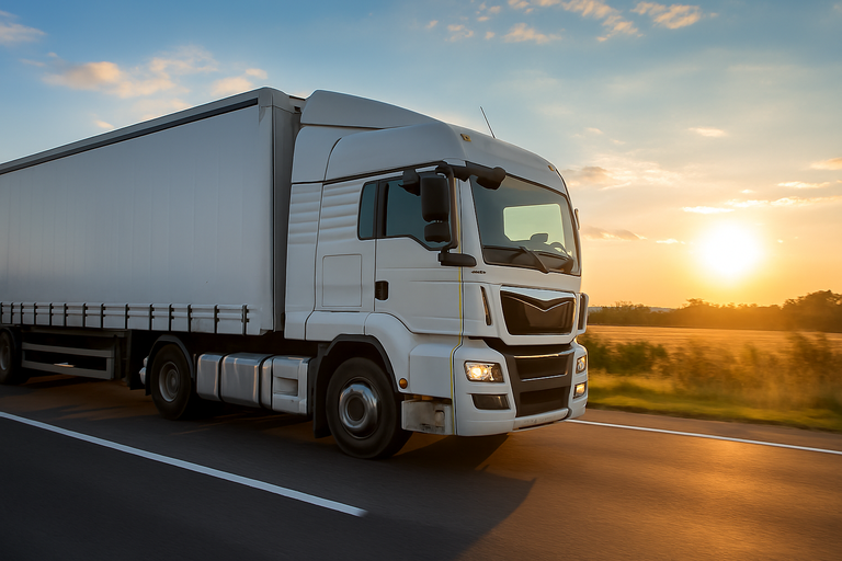Um caminhão trafega em uma rodovia. Ao fundo, se veem uma vegetação à beira da estrada e o sol próximo à linha do horizonte.